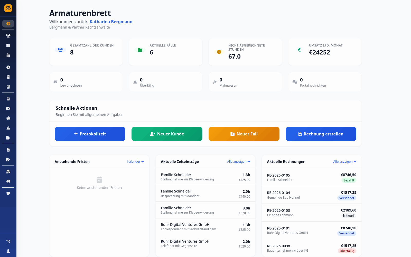 LexRech firm dashboard showing matters, unbilled hours and revenue