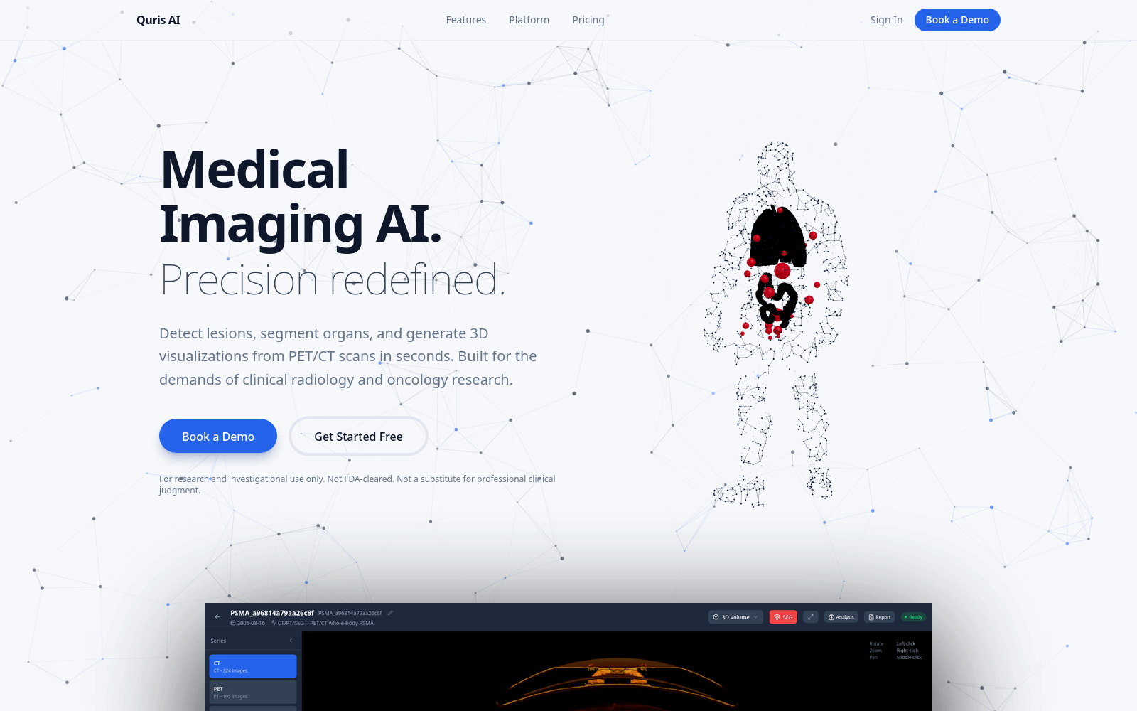 Quris landing page with its interactive 3D anatomy hero