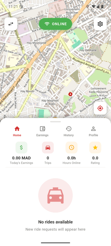 Taxy driver app, online in Oujda, waiting for ride requests