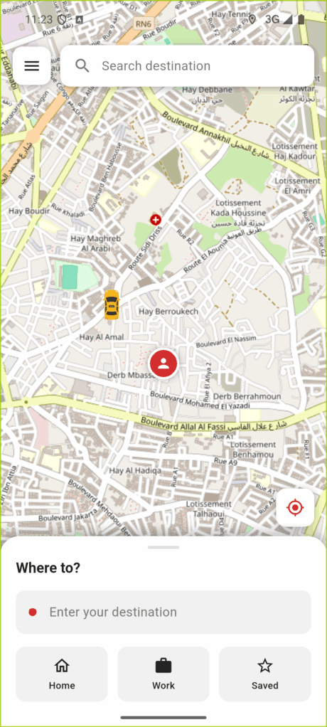 Taxy rider home screen: live map of Oujda with a taxi marker and a 'Where to?' sheet
