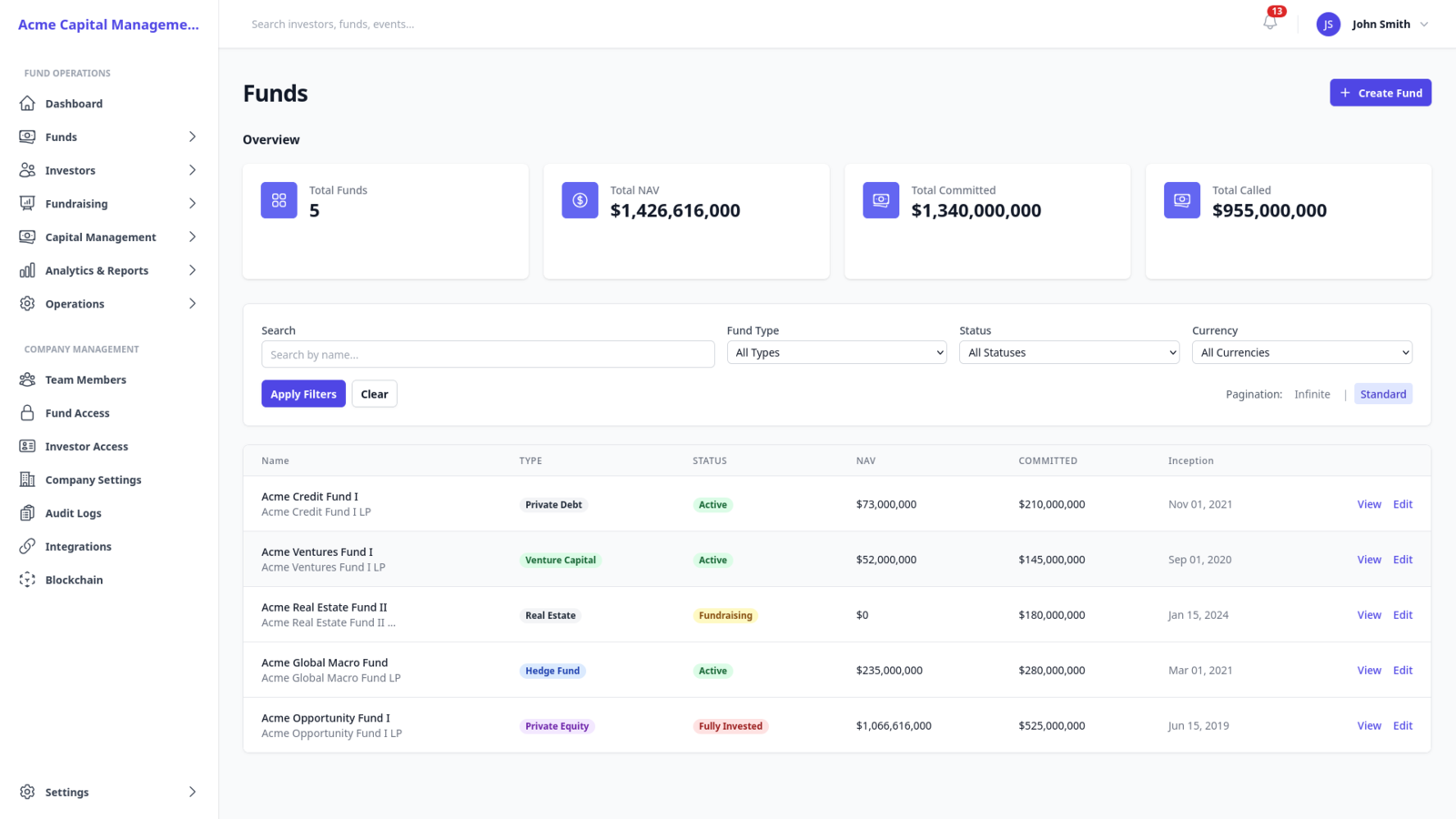 XFunds fund overview showing AUM and committed capital